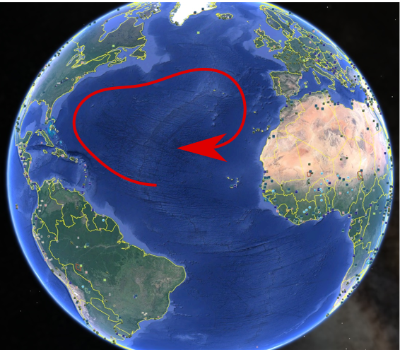 Under istiden går Golfstrømmen i ring som antydet på bildet. Det går ingen havstrøm til Nordpolen.