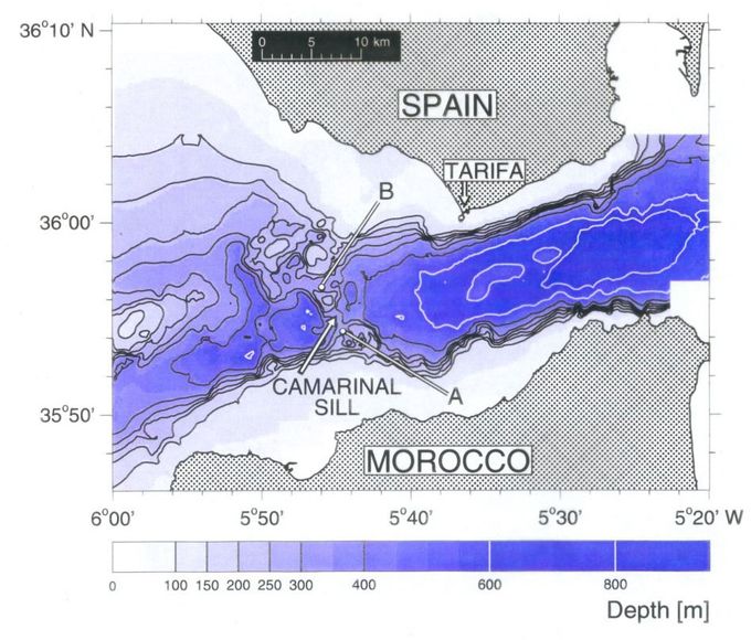 Bildet viser havdybden i Gibraltarstredet ved innløpet til Middelhavet